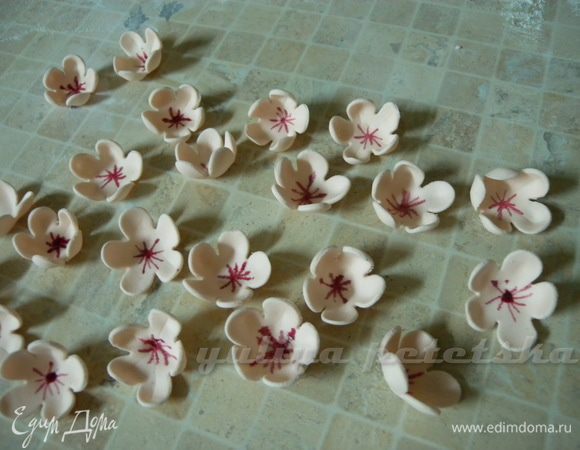 В серединке цветочка, кисточкой, вишневой краской рисуем тычинки