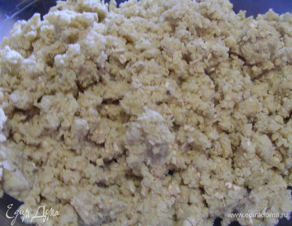 Муку перемешиваем с солью, затем ее рубим с маслом в крошку. Я это делаю в мини-комбайне. Затем добавляем овсяные хлопья и сахар и руками быстро замешиваем тесто. Оно получается крошкообразное.