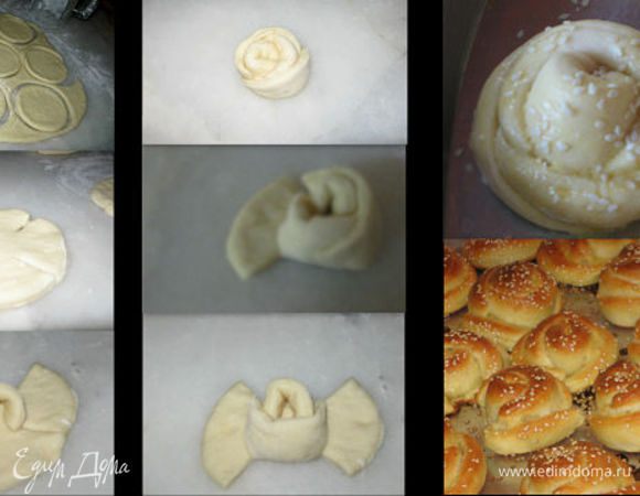 В глубокой миске залить молоко, иогурт,яйцо хорошо взбить веником потом добавить ,дрожжи , сахар , раст масло и муку( кладем по чучуть не все сразу),соль заместить тесто , накрыть и в теплое место на 60 мин , он должен поднятся  в двое . Кладем тесто на рабочий стол , делим на 4 шарика , каждый шар раскатать и вырезаем со стаканом или как у меня бакалом , делим края на четыре и каждый лепесток сварачиваем как у меня и так получится роза, смазать соусом ( яйчный желток+иогурт+олив масло ), посыпать конжутом и где то 20-25 мин подождать, потом в духовку на 200 С пока будут румяныеми. Приятного аппетита !