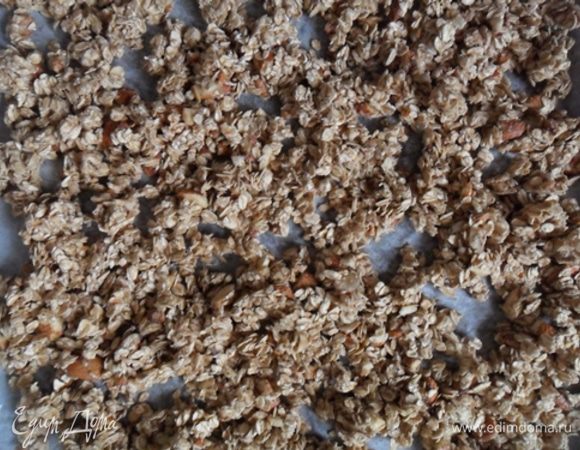 Добавить хлопья,орехи, и хорошо перетрите руками. Выложите равномерно на застеленный пергаментом противень и отправьте в духовку на 10 мин при 180градусах. Затем,достаньте.перемешайте и отправьте еще на 15-20 мин,периодически помешивая хлопья.
Дайте остыть и храните в плотно закрывающейся банке или контейнере.
Вперед!