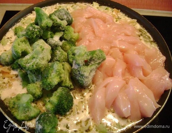 Положить туда же брокколи и курицу, нарезанную полосками, посолить, поперчить и тушить 5 мин, пока брокколи не станет мягкой.