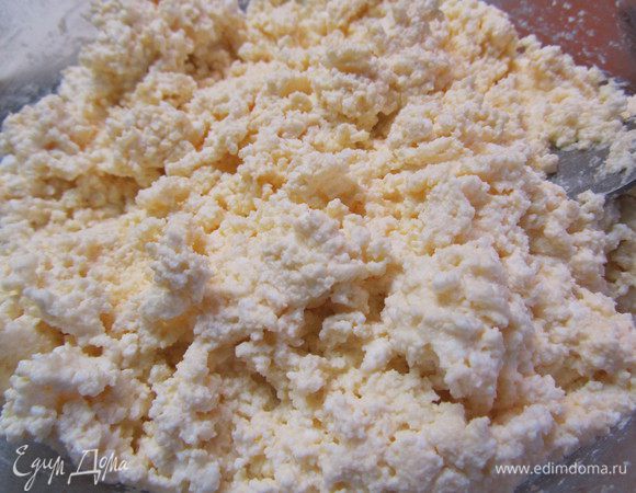 Форму смазать сливочным маслом, уложить раскатанный пласт теста. Проткнуть вилкой в нескольких местах. Творог смешать с яйцом, мукой и 2 ст.л. сахара.