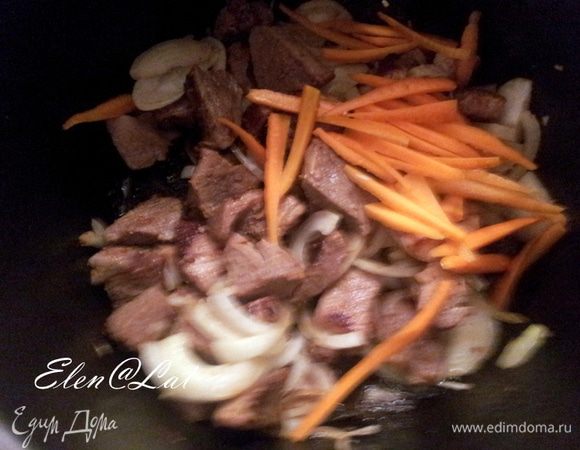 Мясо посолите и поперчите, приправьте специями. К мясу добавьте слой нарезанного репчатого лука и морковь соломкой.