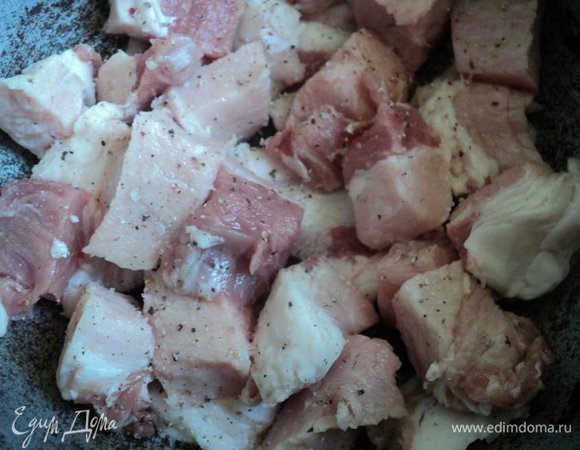 Мясо порезать кусочками 3 х 3 см, немного сала порезать пластинками. На дно казана положить пластинки сала, сверху мясо. Посолить и поперчить.