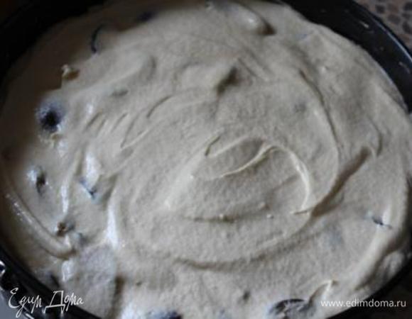 Залить фрукты тестом, равномерно распределить.  Выпекать при  180-190 гр.  45-50 мин. Смотрите по готовности.