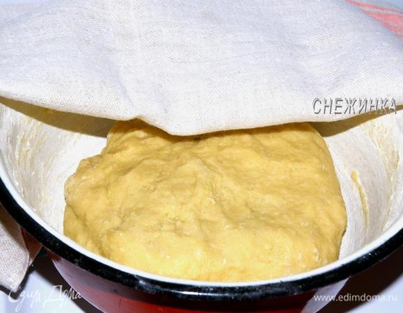 Добавляем корицу (если желаете) и добавляем, просеивая, муку. Замешиваем тесто. Оно должно оставаться мягким, но к рукам не липнуть. По необходимости подсыпьте немного муки и снова вымесите. Миску с тестом ставим в теплое место на  час, прикрыв полотенчиком.