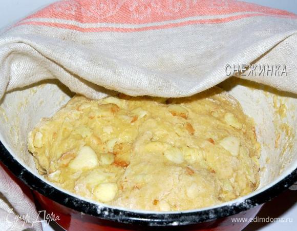 Через 1 час подмешиваем яблоки в тесто. Да-да! Именно ВСЕ яблоки! Поначалу страшно, кажется, что куда их столько?))) На самом деле их Вам после выпечки покажется еще и мало)) Когда тесто подрастет, всё будет как надо. Я делала так: тесто приподняла с одной стороны, горсть яблок положила, вмяла в тесто и так дальше. Можно немного присыпать мукой, чтобы яблоки лучше смешались с тестом.