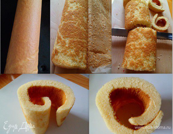 Затем отделяем аккуратно бисквит от бумаги, режем на 3-4 части. Неровные края срезаем ножом (которые нам пригодятся для ручек чашки).
Заготовку-круг можно сразу поставить на подставку или из бисквита сделать тарелочку. Из обрезков делаем ручку чашки.