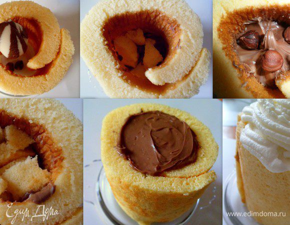 Начинаем наполнять нашу чашку, чередуя "Нутеллу", орешки и кусочки бисквита. Крем может быть любой.
Из обрезков делаем ручку чашки