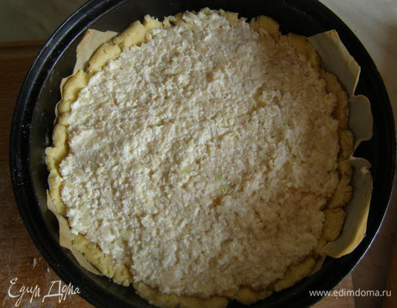 Большую часть теста раскатать чуть больше диаметра формы, сверху выложить начинку.