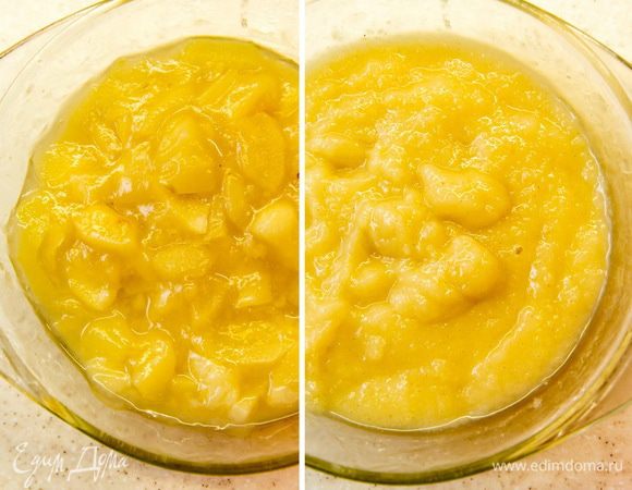 2. Груши очистить, порезать на кусочки. Сложить в миску для микроволновой печи. Смешать с медом и ванилью. Добавить крахмал и еще раз хорошо перемешать. Отправить в микроволновую печь на 5-6 мин. Дать полностью остыть. Для большей нежности массу пюрировать блендером до образования пюре.