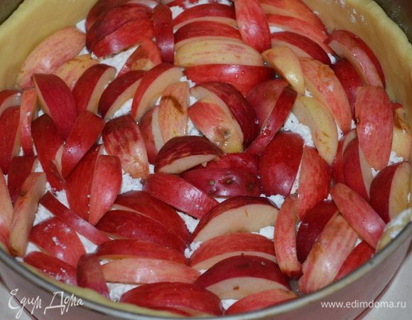 Каждую дольку ставим на тесто кожурой вверх, как можно плотнее друг к другу.  Яблоки должны закрыть все дно пирога. 