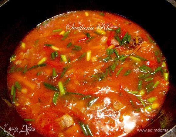 Добавьте зеленый лук, толченый кориандр, посолите по вкусу и выключите огонь. Дайте настояться минут 10.