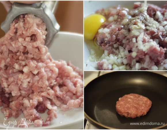 Пока булочки пекутся, мы займемся фаршем.
Я использовала свинину и говядину, готовила фарш в ручную. В готовый фарш добавить мелко нарезанный лук, яйцо, соль и перец. Слепить котлетку по форме булочки, на сковороде довести до готовности.