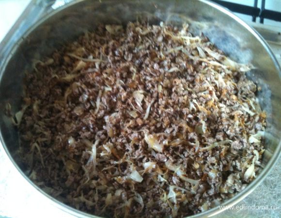 Разъемную форму смазать растительным маслом. 1/2 часть теста выложить в форму, наверх равномерно выложить начинку...