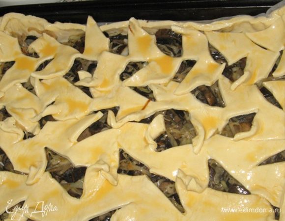 Выкладываем поостывшую начинку на подготовленное тесто и оформляем верхнюю часть. Я люблю делать "елочкой". И дырочки, и полет фантазии, и поднимется - красиво края растопырит. Смазываем желтком и убираем в духовку на 30 минут при 180 градусах. Вот и все! Приятного всем аппетита! :)