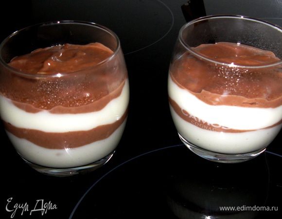 Смешать сахар и муку. Добавить молоко. Смесь прокипятить, дать немного загустеть, постоянно помешивая. Добавить растопленное масло и разделить на 2 части. В 1 часть добавить ванилин, в другую - какао. Еще раз нагреть обе смеси до еще большего загустения. Выложить пудинг слоями, подавать предварительно охладив!