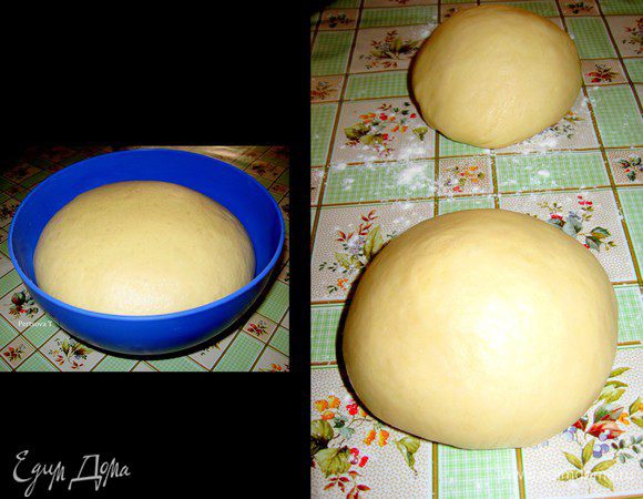 Молоко, сахар, яйца, дрожжи 15 г, слив масло хорожо взбить веничком.
В глубокую миску кладем муку,соль делаем углубление по середине и заливаем соус (то, что взбивали веничком), заместить тесто, накрыть и в теплое место на 1 час, оно должно увеличиться в два раза.
Кладем тесто на рабочий стол и делим на две части.