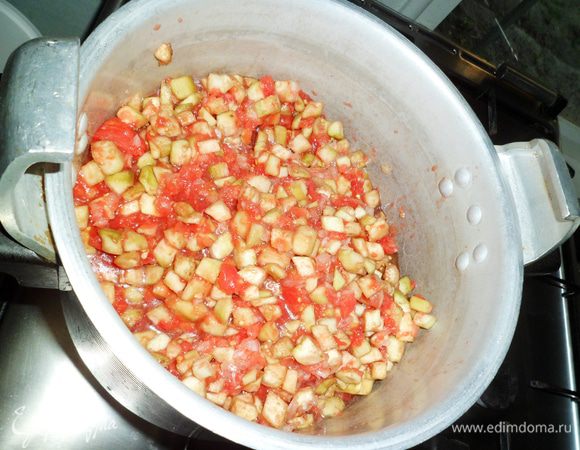Теперь поэтапно выкладываем ингредиенты. Сначало масло,затем лук,помидоры,баклажаны и соль.Все перемешать. 