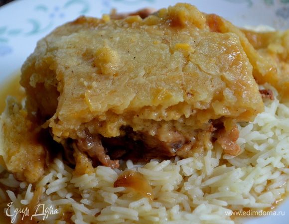 Вариант для духовки, выставляем тем-ру до 150 гр. Все пункты соблюдаем  как в рецепте, но готовим в жаровне. Время приготовления 2 часа. Коблер добавляем за полчаса /30 мин./ до окончания приготовления, крышкой не закрывать. Приятного аппетита.