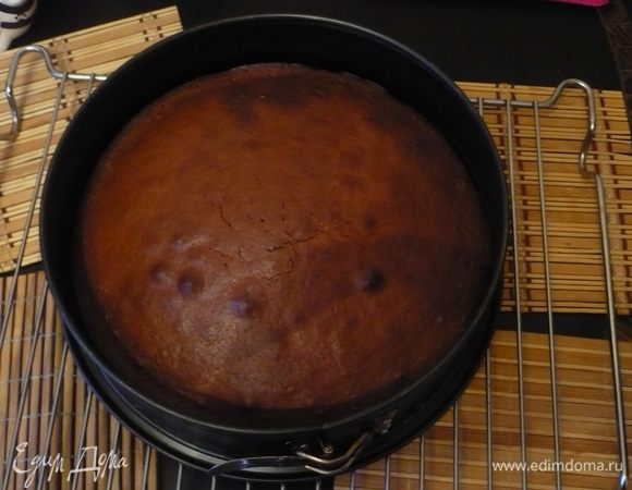 Испечь бисквит: взбить желтки, яйцо и сахар до бела.До густой консистенции.Добавить масло и молоко.Перемешать.Смешать муку, какао и разрыхлитель и просеять во взбитую массу. Тесто вылить в разъемную форму, смазанную маслом и выпекать при темп 180 гр 35 минут.Вынуть бисквит.Остудить и разрезать на 2 части.