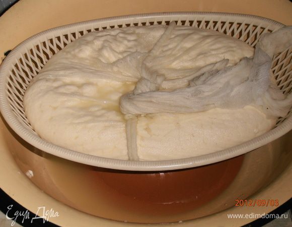 Сливаем в марлевый мешочек(или что-то подобное),даём сыворотке стечь и ставим под гнёт.Можно делать вечером,тогда гнёт ставим на ночь и идём спать,если днём,то 3-4 часа.Если не ставить груз,он получиться как губка.