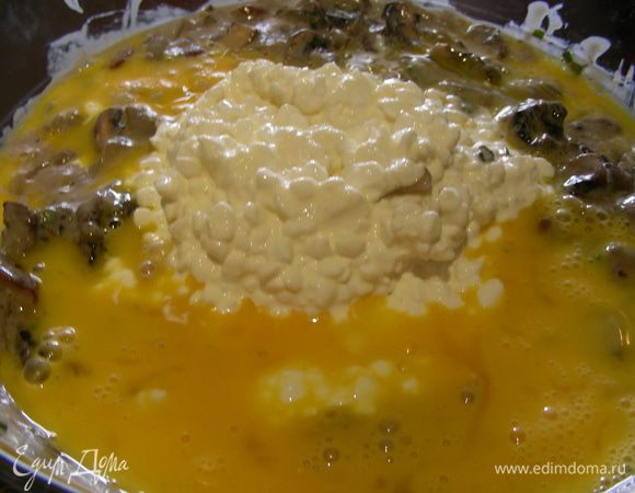 Даем соусу немного остыть. Затем смешиваем его с грибами, если Вы их не обжаривали, сыром коттедж. Яйца слегка взбиваем и добавляем туда же. Солим, перчим и все тщательно перемешиваем.  
