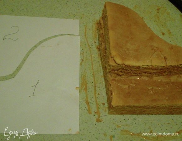Смазать кремом коржи. Дать пропитаться часа 3-4 минимум. Оформление - это отдельная, длинная история ) Сформировать по форме Рояль... Для этого,прямоугольный корж разрезаем,как показано на фото) и Часть 2 кладём сверху.