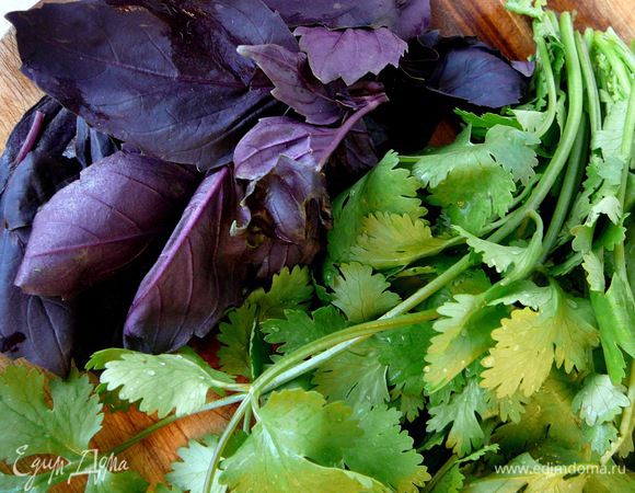 Базилик и кинзу хорошо промыть под проточной водой и мелко порубить.