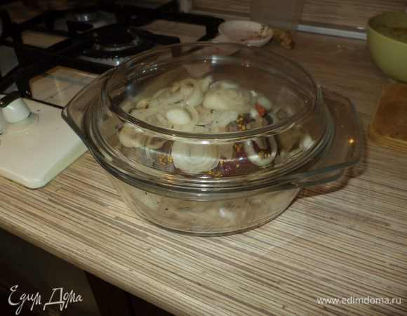 Укладываем  хороший слой лука в жаропрочную форму или на фольгу,затем наш кусок мяса и сверху опять лук,он как раз и не позволит мясу поджариваться!