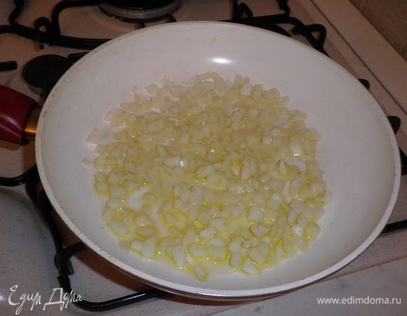 Порезать мелко лук, слегка обжарить на оливковом масле. 