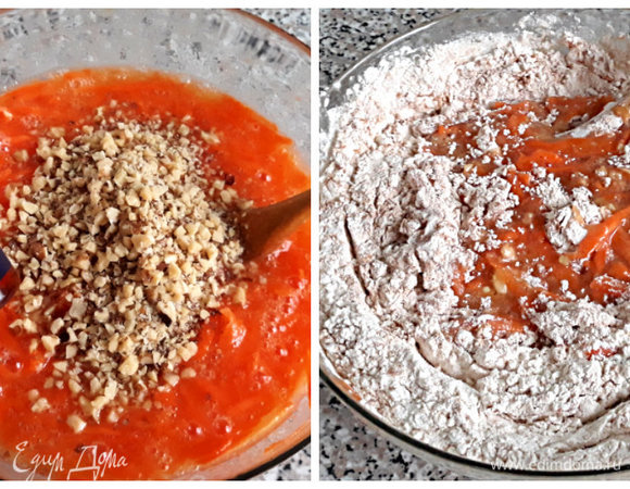 В миске соединить сахар, масло и яйца. Слегка взбить деревянной ложкой. Добавить тертую морковь (слегка отжать сок), орехи, ванильную эссенцию или ванильный экстракт. Смешать все с сухими ингредиентами, тесто должно быть мягким и почти жидким.