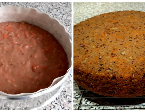 Перелить тесто в подготовленную форму и выпекать 40–45 мин. Ориентируйтесь на свою духовку. Проверяйте готовность сухой зубочисткой. Корж должен слегка пружинить, если нажать на него в центре. Охладить в течение 5 минут, затем вынуть из формы, снять бумагу и дать полностью остыть на решетке.