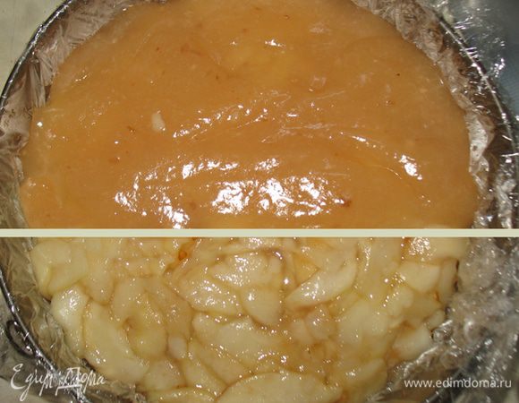 Вокруг коржа поставим кольцо и выкладываем груши, сверху покрыть пудингом. Охлаждаем 2 часа в холодильнике