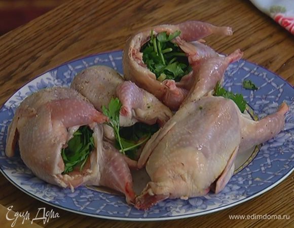 Тушки перепелок вымыть, немного посолить и поперчить, вложить внутрь каждой по 2 зубчика чеснока и по 1 части петрушки.