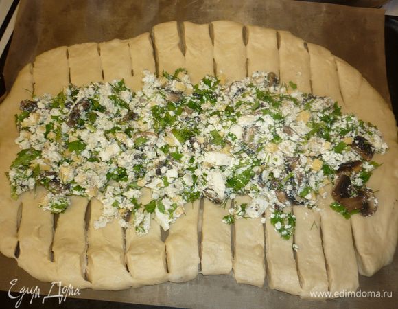 подошедшее тесто раскатать прямо на противене, положив на него бумагу для выпечки ( у меня тефлоновая салфетка). тесто раскатать в форме овала, выложить на него начинку, края разрезать, как на фото. у меня по 10 надрезов с каждой стороны