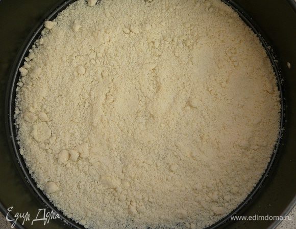 Разъемную форму смажьте маслом и выложите в нее небольшой слой крошки.