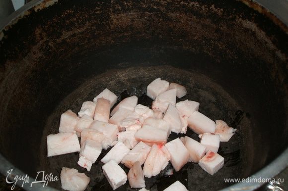 Приготовление плова начинается с изготовления так называемого зервака: Если вы делаете с курдючным салом, то снечало надо его порезать на небольшие кусочки и вытопить из него жир, положив на дно разогретого казана. Когда сало вытопится у вас получатся "шкварки" , их можно съесть посолив с хлебушком, или отложить, а потом добавить в зирвак
