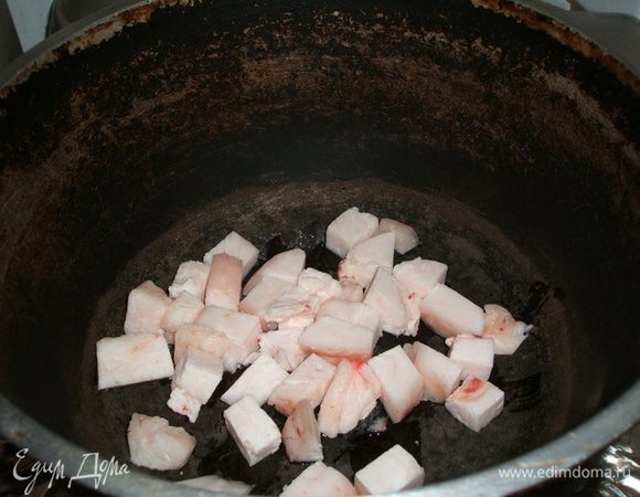  Приготовление плова начинается с  изготовления  так называемого зервака:
Если вы делаете с курдючным салом, то снечало надо его порезать на небольшие кусочки и вытопить из него жир, положив на дно разогретого казана. Когда сало вытопится у вас получатся "шкварки" , их можно съесть посолив с хлебушком, или отложить, а потом добавить  в  зирвак