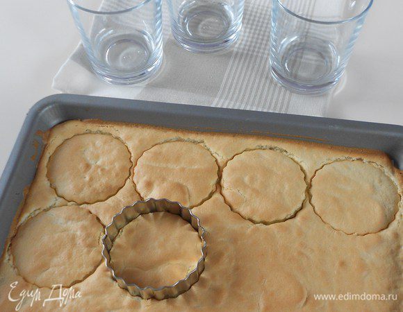 Из бисквитного коржа вырежьте  выемками кружочки по диаметру ваших стаканов. Я не вынимала из противня и вырезала прямо там. Не бойтесь поцарапать противень формочками, бумага не позволит это сделать.