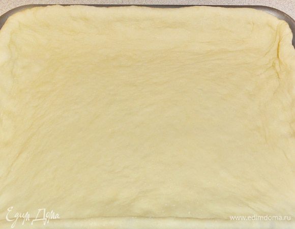 Через 1 час, когда наше тесто подойдет, разделите его на две части. Для верха пирога, теста должно быть в два раза меньше. Раскатайте в пласт и выложите тестом форму с бортами, предварительно смазав ее растительным маслом.