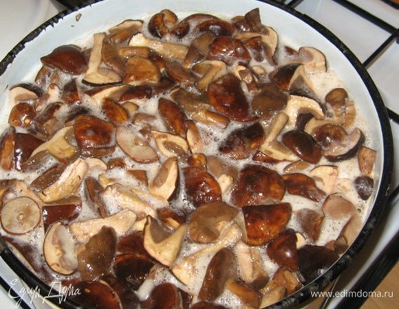 Грибы помойте, переберите, нарежьте на части и отварите в подсоленной воде. Варите грибы после закипания 15 минут. В процессе снимайте пену.