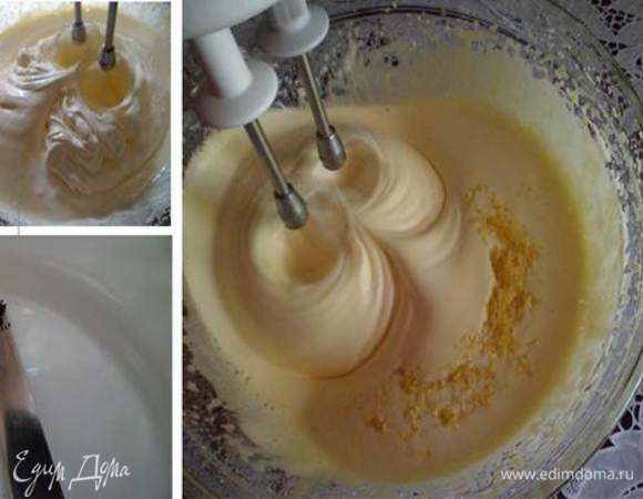Взбить яйца с сахарной пудрой в крепкую пену, добавить ваниль на кончике ножа и цедру лимона.