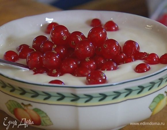 Ягоды смородины отделить от веточек и добавить к йогурту с медом.