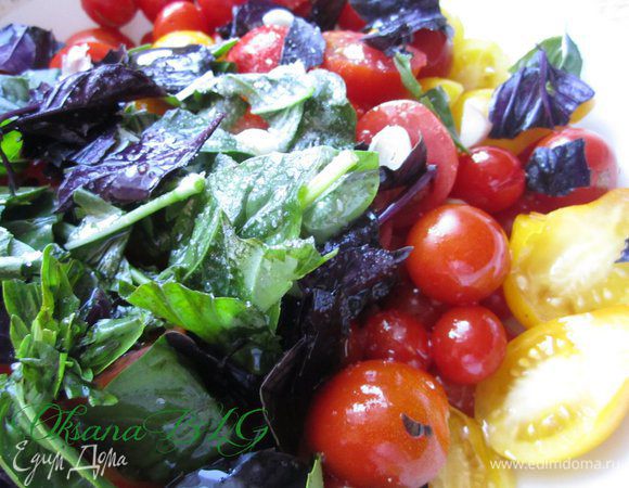 Черри вымыть, крупные разрезать пополам. Добавить базилик, дольку порезанную дольку чеснока. Залить 1-2 ст.л. бальзамического уксуса, добавить 1-2 ст.л. оливкового масла.