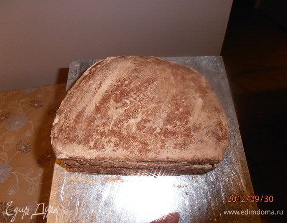 Из готовых коржей вырезать форму сумки, перемазать кремом и поставить в холодильник застыть..
