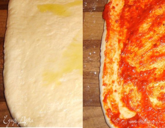 На присыпанную мукой рабочую поверхность выложить тесто и раскатать его в прямоугольник,толщиной 0,5-0,7 см.Смазать тесто 2-3 ст.л. оливкового масла. Поверх масла равномерно нанести пепперонату. 