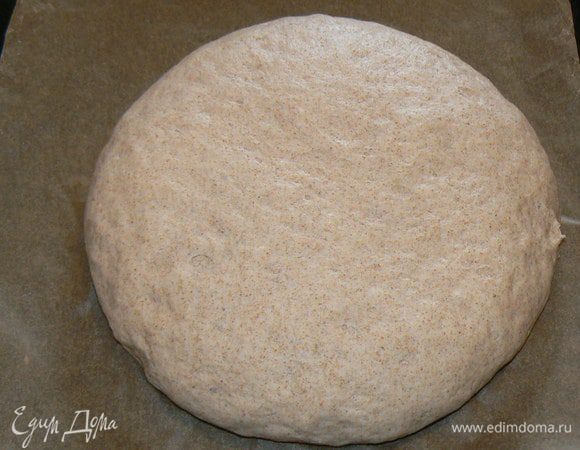 Вынимаем его и хорошо обминаем тесто. Сформируем шар, посыпав сверху мукой и кладем на противень предварительно застеленный пекарской бумагой (моя бумага не требует дополнительного смазывания)