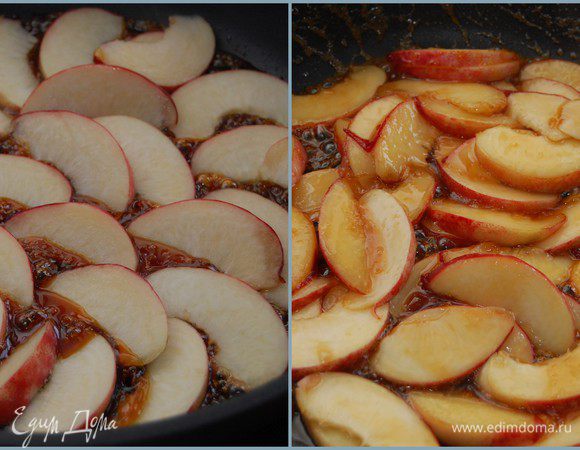 Когда сахар полностью растопится – опустить в сковороду нектарины и «поджарить» их в карамели по 30 секунд с каждой стороны. Выложить на тарелку, остудить. Сок, который останется в сковороде не выливать. Он еще понадобится. 