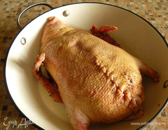 Натрите утку изнутри солью и чесноком. Нафаршируйте ее начинкой, придайте правильную форму птицы и зашейте ниткой брюшко и шею. 